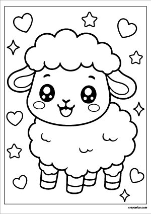 Cute kawaii sheep with a smiling face coloring page.