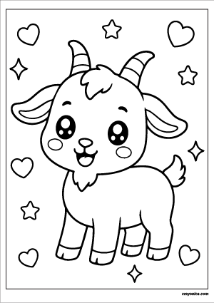 Cute kawaii goat with a smiling face coloring page.