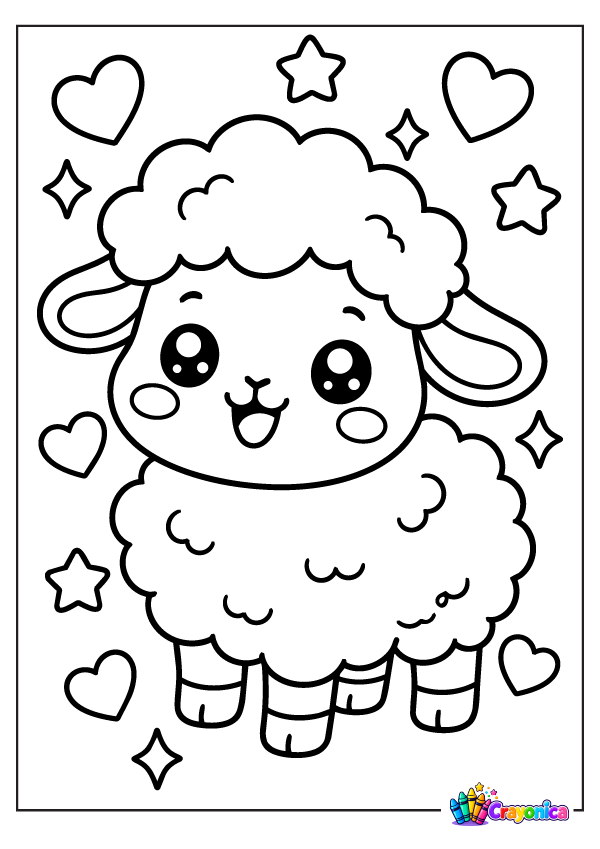 Cute smiling cartoon sheep with fluffy wool, floppy ears, tiny hooves, and sparkling eyes, surrounded by hearts, stars, and sparkles.