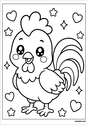 Cute kawaii rooster with a smiling face coloring page.