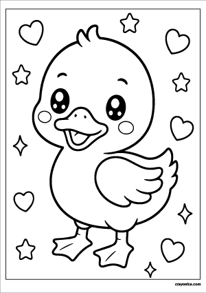 Cute kawaii duck with a smiling face coloring page.