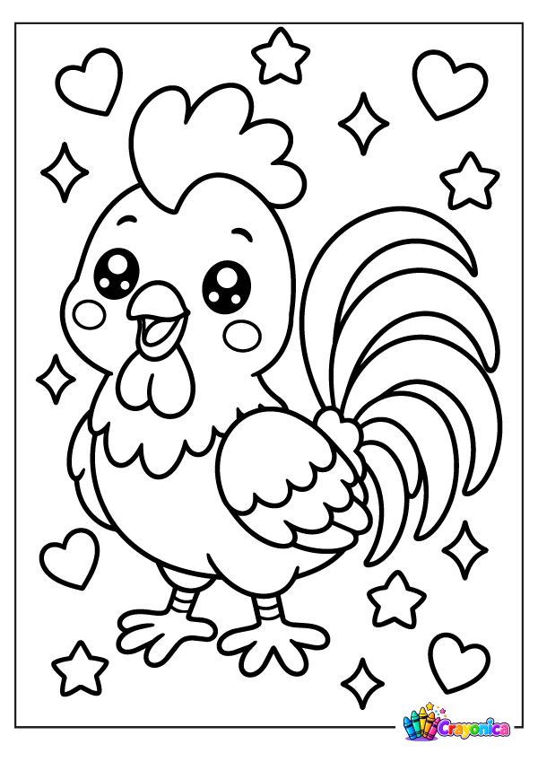 Cute cartoon rooster with a large comb, curved tail feathers, tiny wings, and a cheerful expression, surrounded by hearts and stars.