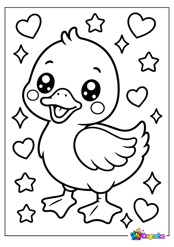 Cute baby duck cartoon with a fluffy head tuft, wide beak, little wings, and webbed feet, surrounded by hearts, stars, and sparkles.
