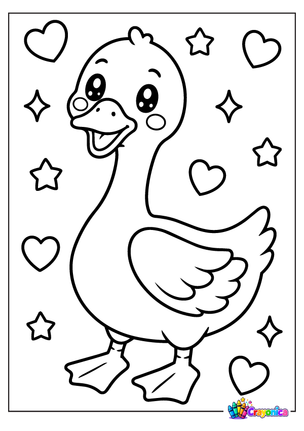Cute cartoon goose with a long curved neck, broad beak, layered wing feathers, and webbed feet, surrounded by hearts and stars.