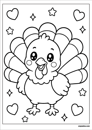 Cute kawaii turkey with a smiling face coloring page.