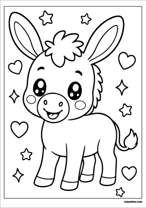 Cute kawaii donkey with a smiling face coloring page.