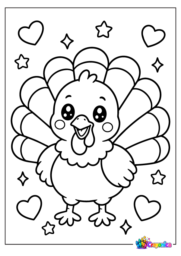 Cute cartoon turkey with a fan-shaped tail, small wings, a rounded body, a wattle, and little feet, surrounded by hearts, stars, and sparkles.