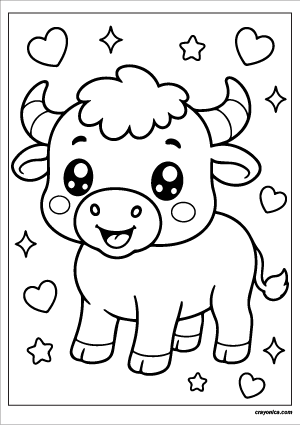 Cute kawaii buffalo with a smiling face coloring page.