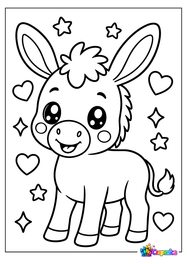 Cute cartoon donkey with long upright ears, fluffy forelock, round muzzle, short mane, four legs, and a playful tail, surrounded by hearts and stars.