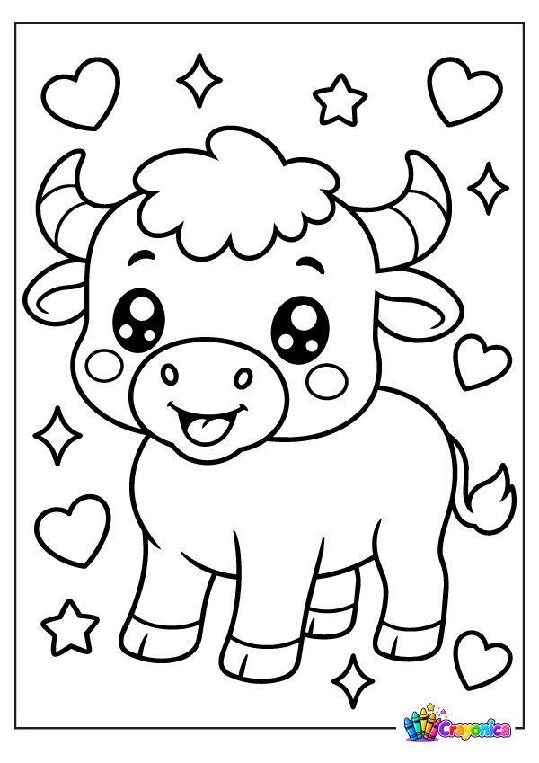 Cute cartoon buffalo with curved horns, fluffy forehead, rounded muzzle, small hooves, and a tufted tail, surrounded by hearts and stars.