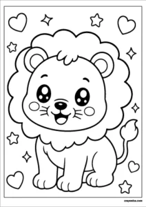 Cute kawaii lion with a smiling face coloring page.