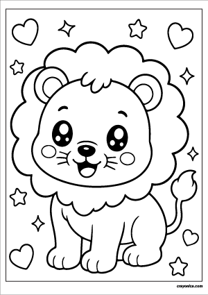 Cute kawaii lion with a smiling face coloring page.