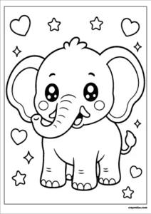 Cute kawaii elephant with a smiling face coloring page.