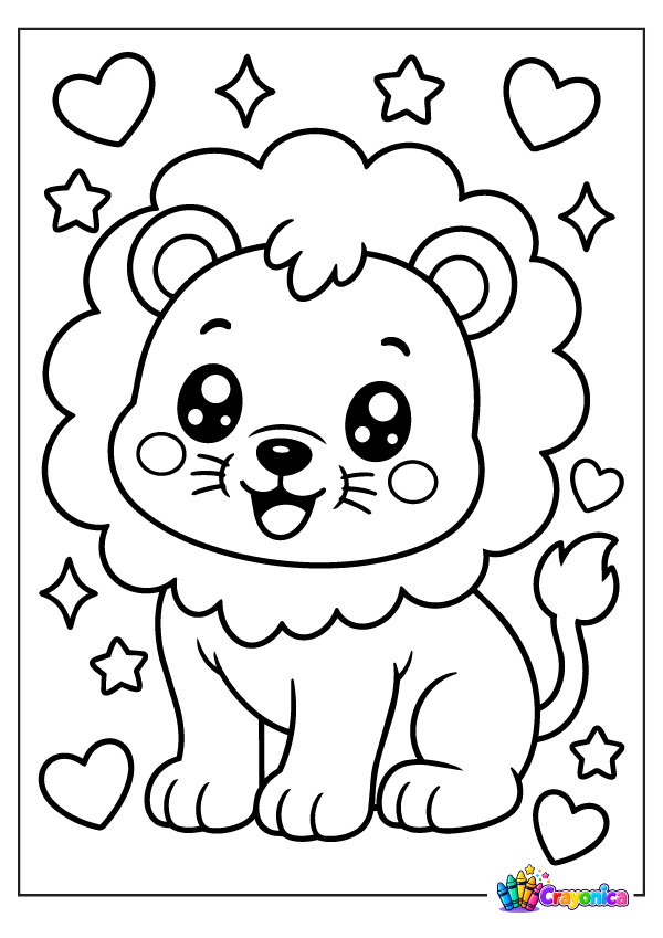 Cute cartoon lion sitting with a fluffy round mane, tiny rounded ears, a smiling face, little paws, and a curved tail, surrounded by hearts and stars.