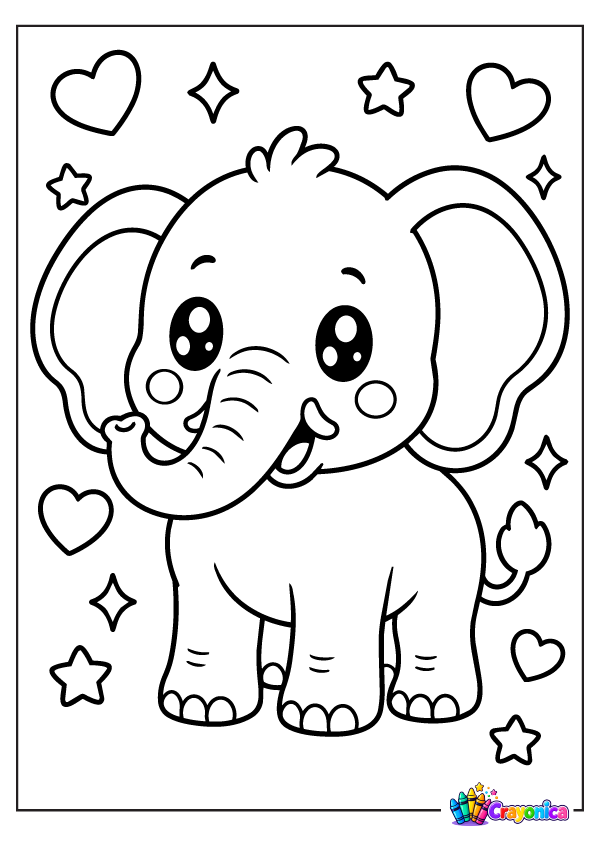 Cute baby elephant with large floppy ears, a curved trunk, a small tuft of hair, little feet, and a curled tail, surrounded by hearts and stars.