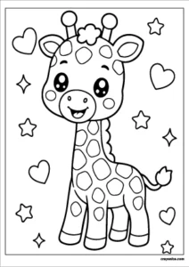 Cute kawaii giraffe with a smiling face coloring page.