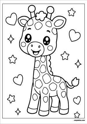 Cute kawaii giraffe with a smiling face coloring page.