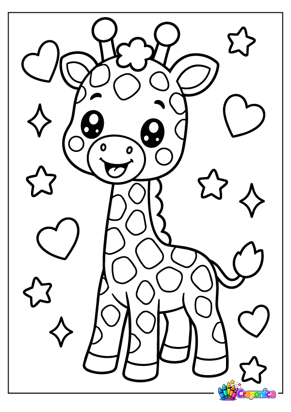Cute cartoon giraffe with a long neck, rounded spots, small ossicones, a tuft of hair, little hooves, and a smiling face, surrounded by hearts and stars.