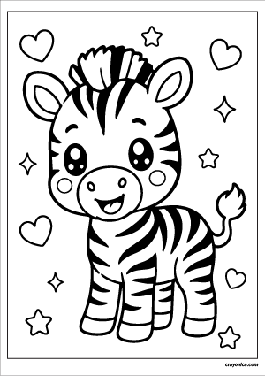 Cute kawaii zebra with a smiling face coloring page.