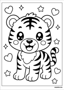 Cute kawaii tiger with a smiling face coloring page.