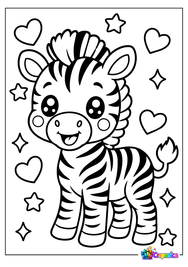 Cute cartoon zebra with bold body stripes, a striped upright mane, rounded muzzle, little hooves, and a smiling face, surrounded by hearts and stars.