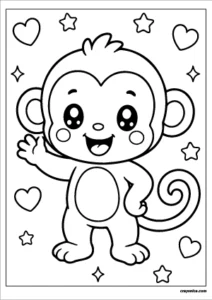 Cute kawaii monkey with a smiling face coloring page.