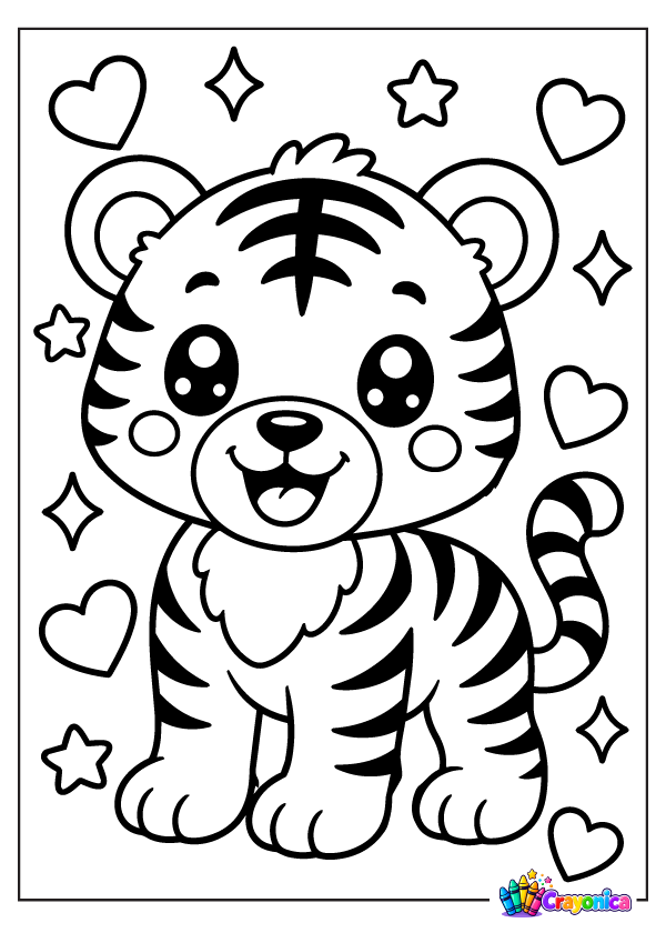 Cute cartoon tiger with bold black stripes, rounded ears, a fluffy chest, a curled striped tail, and a cheerful face, surrounded by hearts and stars.
