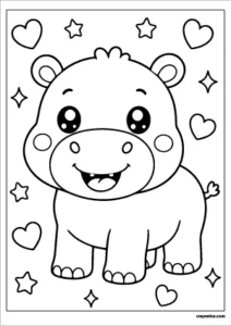 Cute kawaii hippopotamus with a smiling face coloring page.
