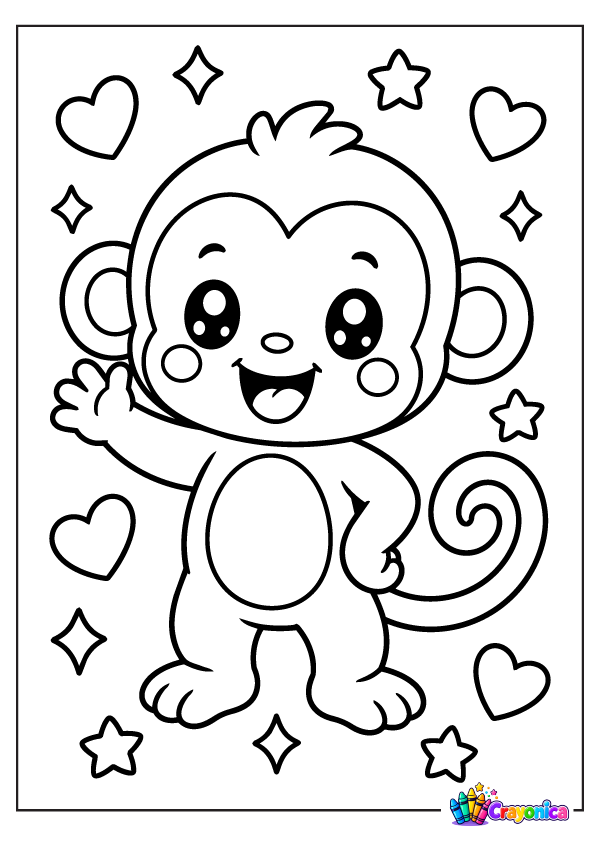 Cute cartoon monkey waving one hand with a curly tail, round ears, a tuft of hair, a smiling face, and a round belly, surrounded by hearts and stars.