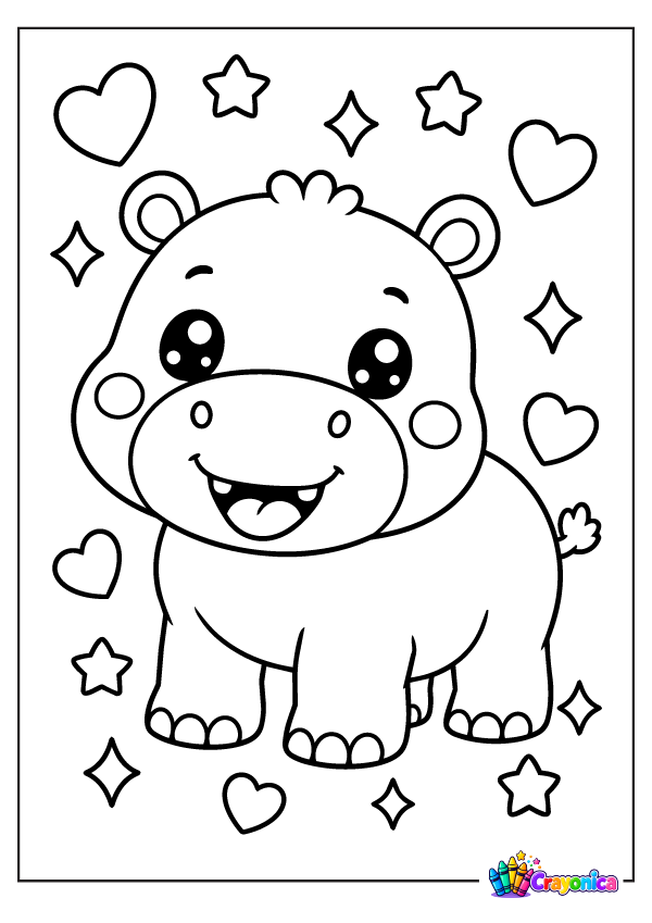 Cute cartoon baby hippopotamus with a chubby body, tiny rounded ears, a wide muzzle, little toes, and a happy smile, surrounded by hearts and stars.