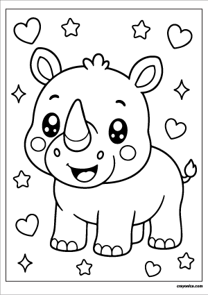 Cute kawaii rhinoceros with a smiling face coloring page.