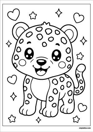 Cute kawaii leopard with a smiling face coloring page.