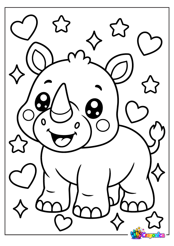 Cute cartoon baby rhinoceros with one large horn, rounded ears, a chubby muzzle, sturdy legs, little toes, and a smiling face, surrounded by hearts and stars.