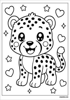 Cute kawaii cheetah with a smiling face coloring page.