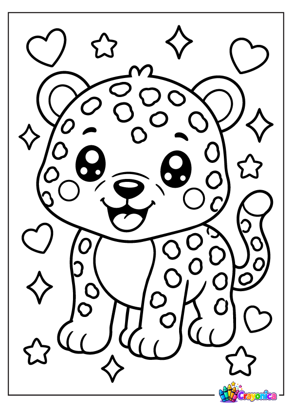 Cute cartoon baby leopard with rounded ears, spots across its head and body, a smiling muzzle, short legs, and a curled spotted tail, surrounded by hearts and stars.