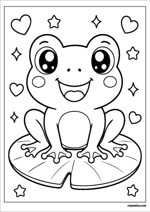 Cute kawaii frog with a smiling face coloring page.