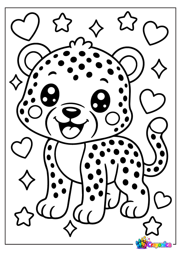 Cute cartoon cheetah cub with small round black spots, a curled spotted tail, rounded ears, a smiling face, and little paws, surrounded by hearts and stars.