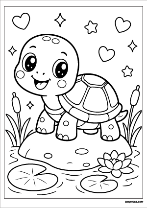 Cute kawaii pond turtle with a smiling face coloring page.