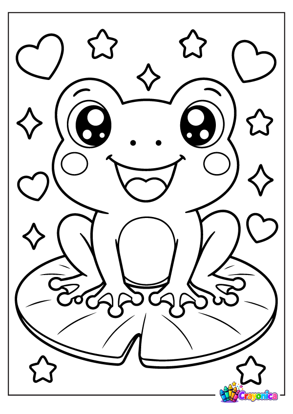 Cute cartoon frog sitting on a lily pad with big sparkling eyes, a happy smile, rounded cheeks, and little toes, surrounded by hearts and stars.