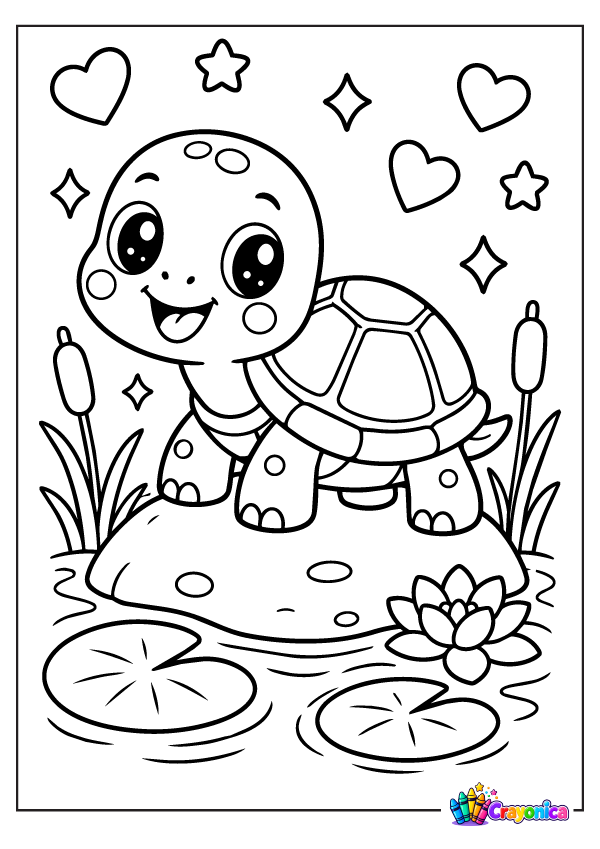Cute cartoon pond turtle with a rounded patterned shell, big sparkling eyes, a happy smile, and little feet standing beside water lilies and pond plants.