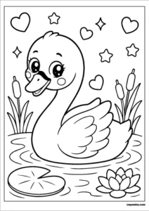 Cute kawaii swan with a smiling face coloring page.
