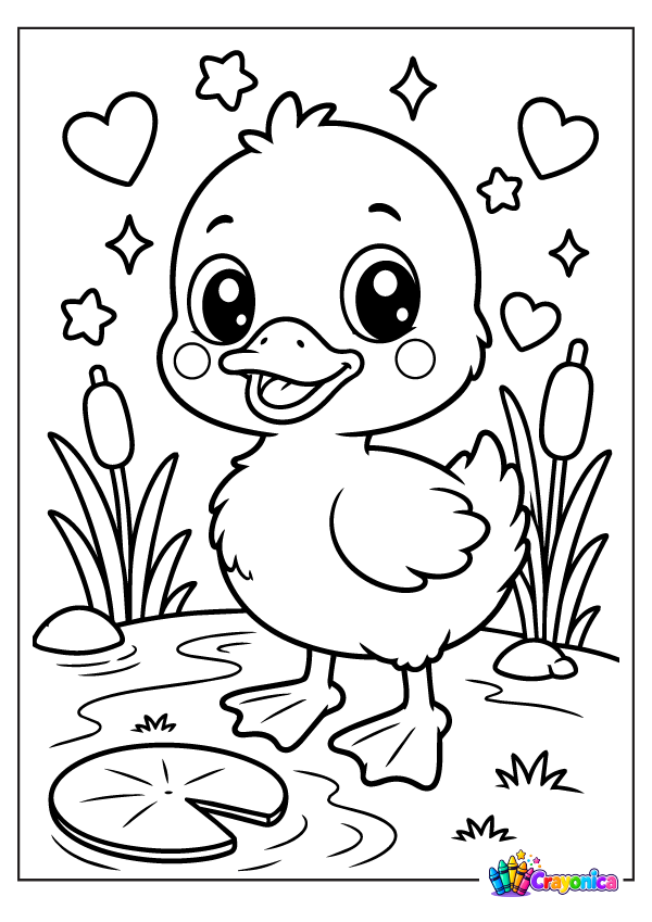 Cute cartoon baby duckling standing beside pond water with fluffy feathers, a wide beak, sparkling eyes, tiny webbed feet, cattails, and a lily pad.