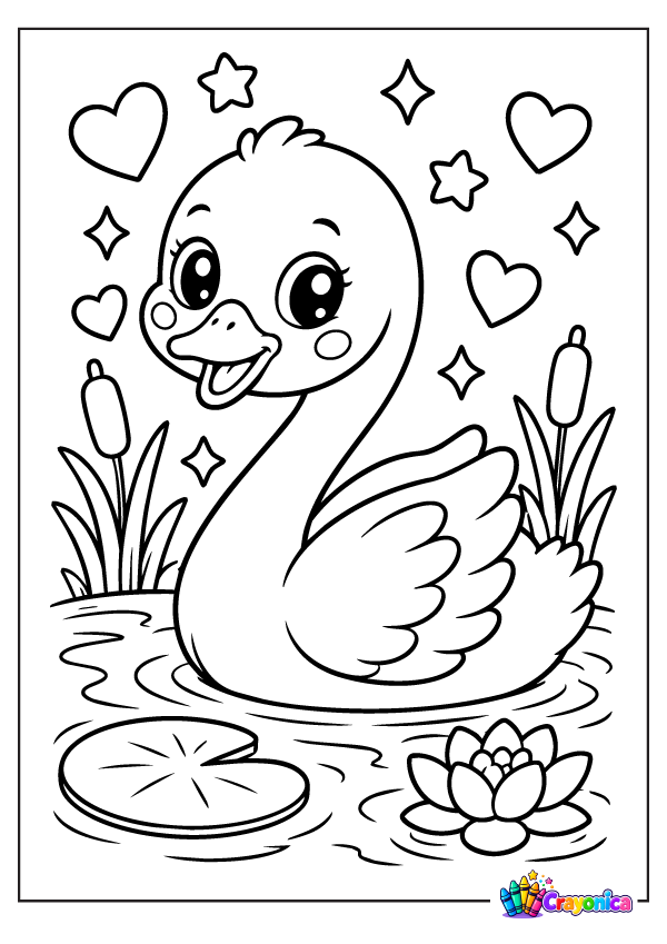 Cute baby swan with a curved neck, fluffy wings, a cheerful face, and webbed feet floating on a pond with water lilies, reeds, hearts, and stars.