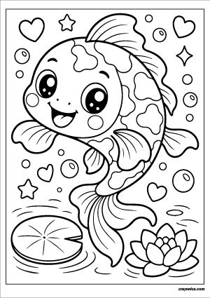 Cute kawaii koi fish with a smiling face coloring page.