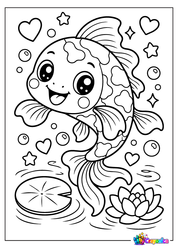 Cute cartoon koi fish with patterned scales, flowing fins, a curved tail, and a cheerful face swimming beside a lily pad and water lily.