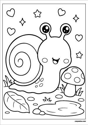 Cute kawaii snail with a smiling face coloring page.
