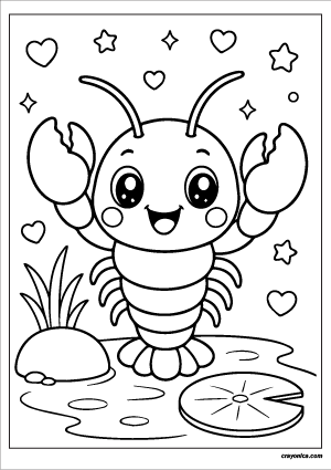 Cute kawaii crayfish with a smiling face coloring page.