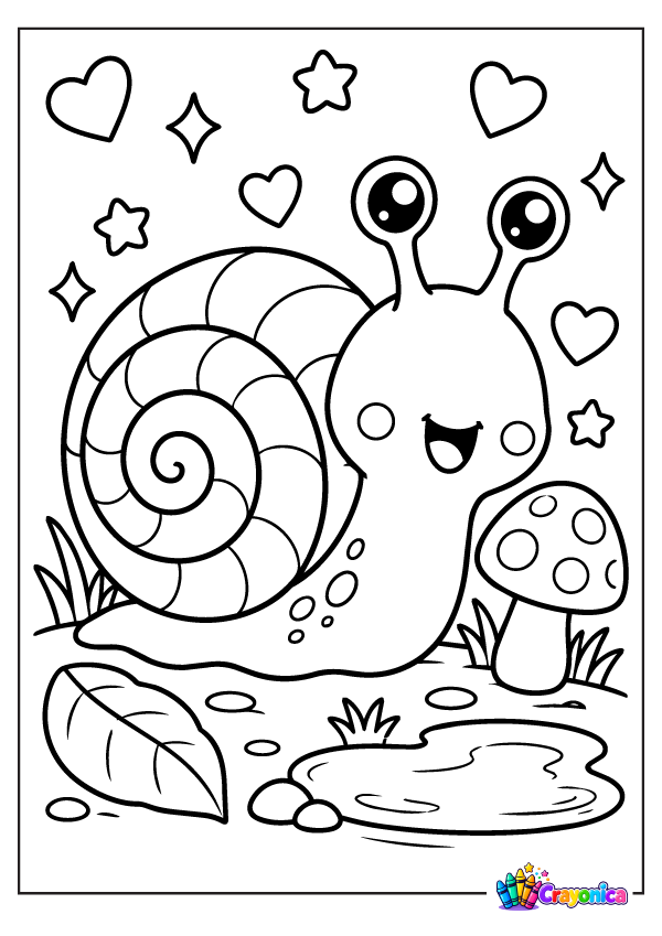 Cute cartoon snail with a large spiral shell, smiling face, tall eyes, and tiny body, exploring a garden beside a mushroom, leaf, and puddle.