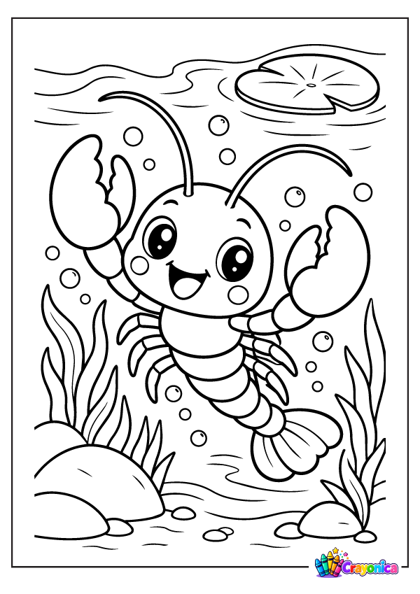 Cute cartoon crayfish swimming underwater with raised claws, long curved antennae, a segmented body, tiny legs, and a fan-shaped tail, surrounded by bubbles, aquatic plants, rocks, and a lily pad.