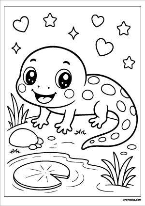 Cute kawaii salamander with a smiling face coloring page.
